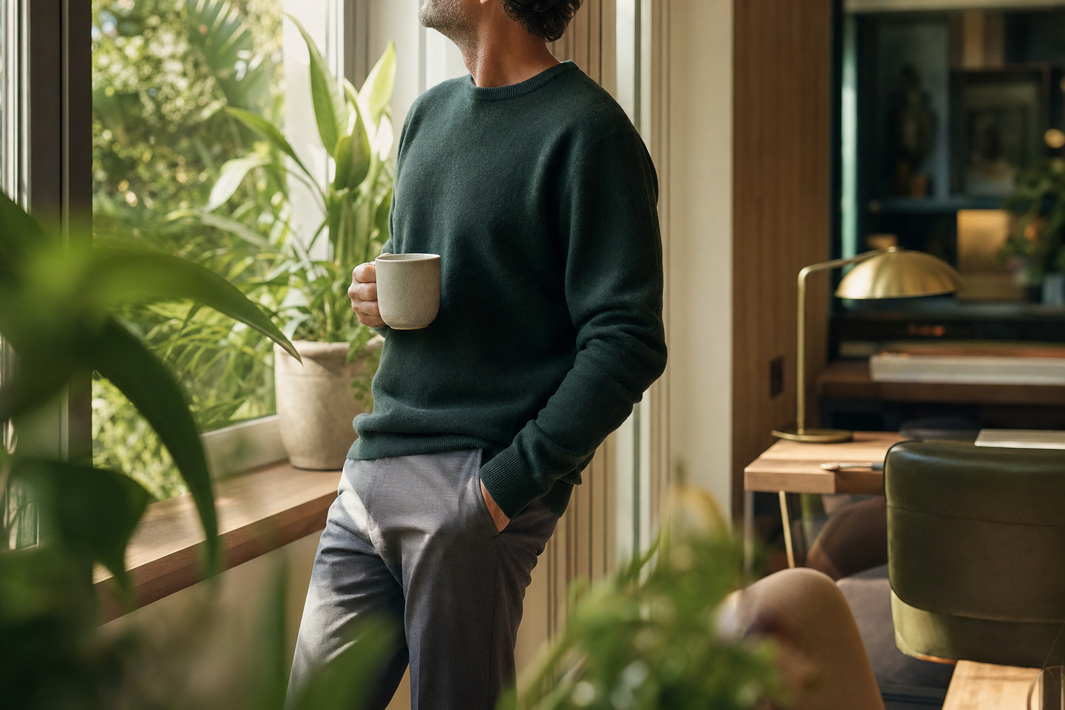Cadre détendu prenant une pause sereine près d'une fenêtre entourée de plantes, illustrant le bien-être au travail.