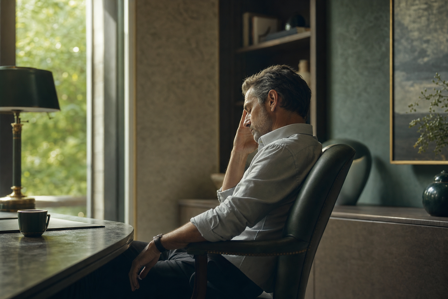 Dirigeant seul dans un bureau feutré au petit matin, tête légèrement inclinée et posée, révélant l'épuisement silencieux du leader.