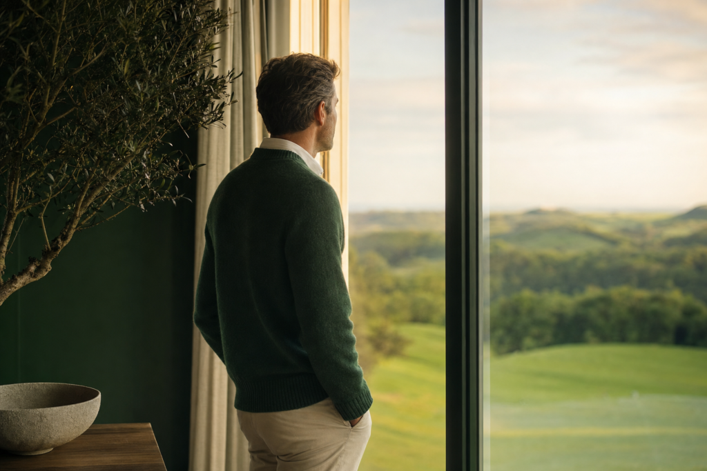 Dirigeant de profil regardant l'horizon par une grande fenêtre, esprit qui s'allège, symbolisant l'allègement de la charge mentale.