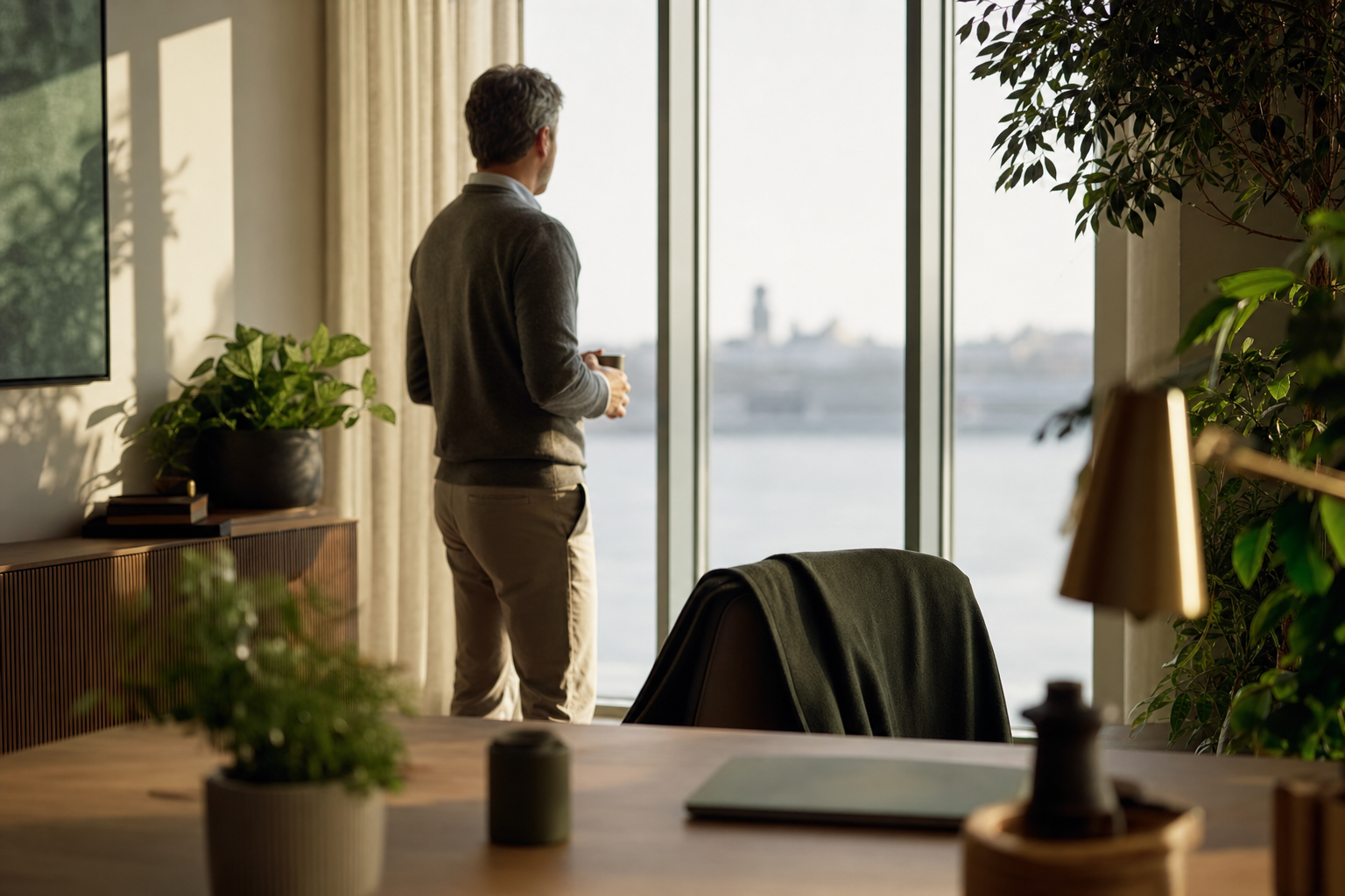 Espace de travail québécois lumineux et humain où un cadre détendu se tient près d'une baie vitrée, illustrant la prévention et la santé au travail.