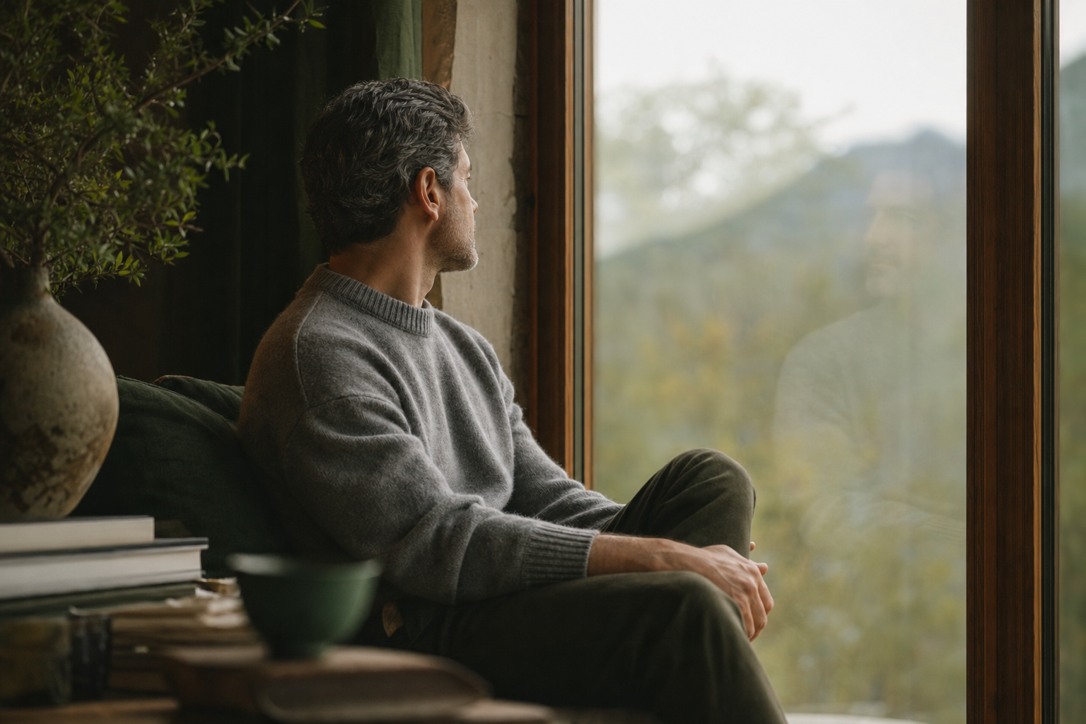 Homme pensif près d'une fenêtre, reflet doux et flou, plongé dans une introspection tranquille de connaissance de soi.