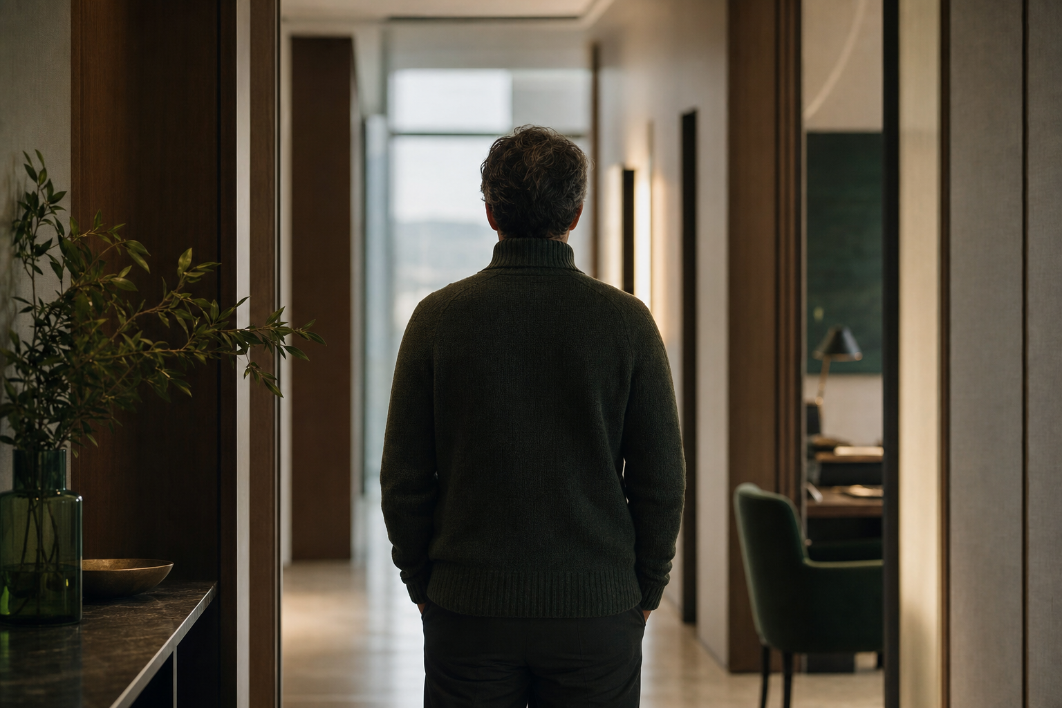 Dirigeant isolé de dos dans un couloir de bureau feutré, silhouette pensive évoquant le coût humain du silence face aux risques psychosociaux.