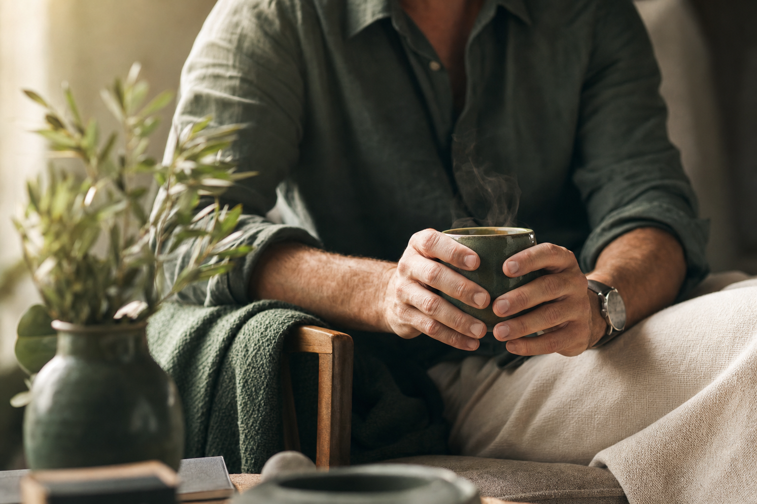 Mains d'un dirigeant tenant calmement une tasse chaude, geste d'ancrage et de recentrage émotionnel, lumière matinale douce.