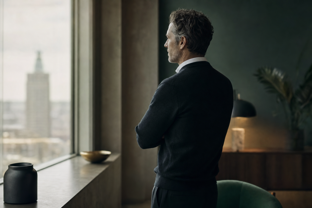Silhouette d'un homme pensif et digne près d'une fenêtre dans un bureau feutré, évoquant avec pudeur le harcèlement psychologique au travail.
