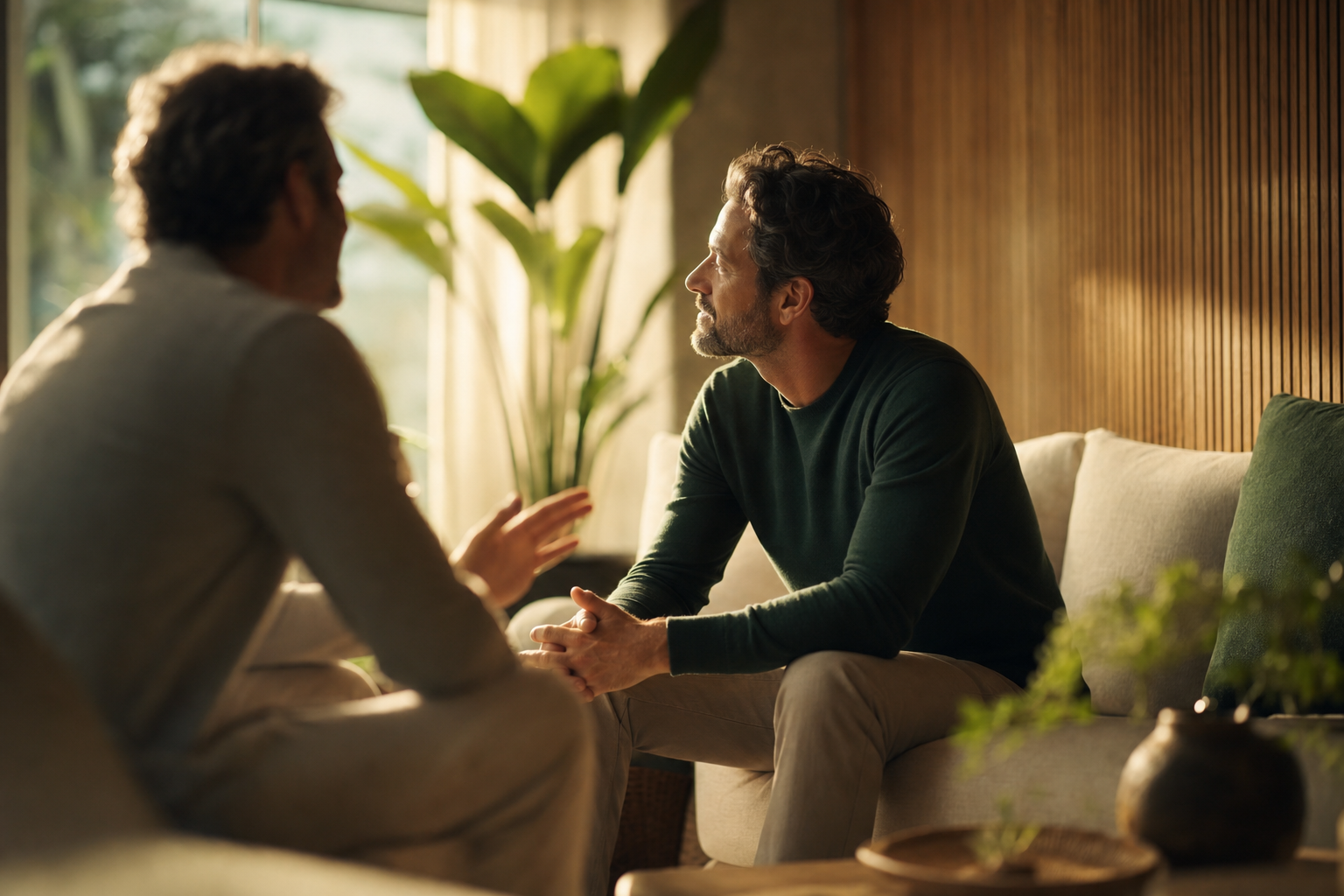 Deux hommes en échange calme et attentif dans un salon chaleureux, écoute empathique illustrant l'intelligence émotionnelle.