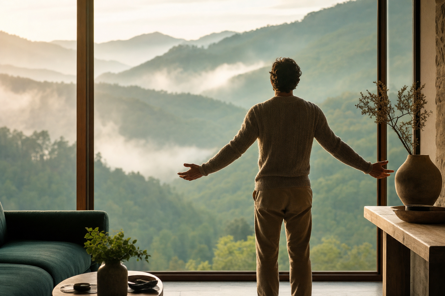 Dirigeant de dos les bras légèrement ouverts face à un paysage naturel apaisant, geste symbolique du lâcher-prise.