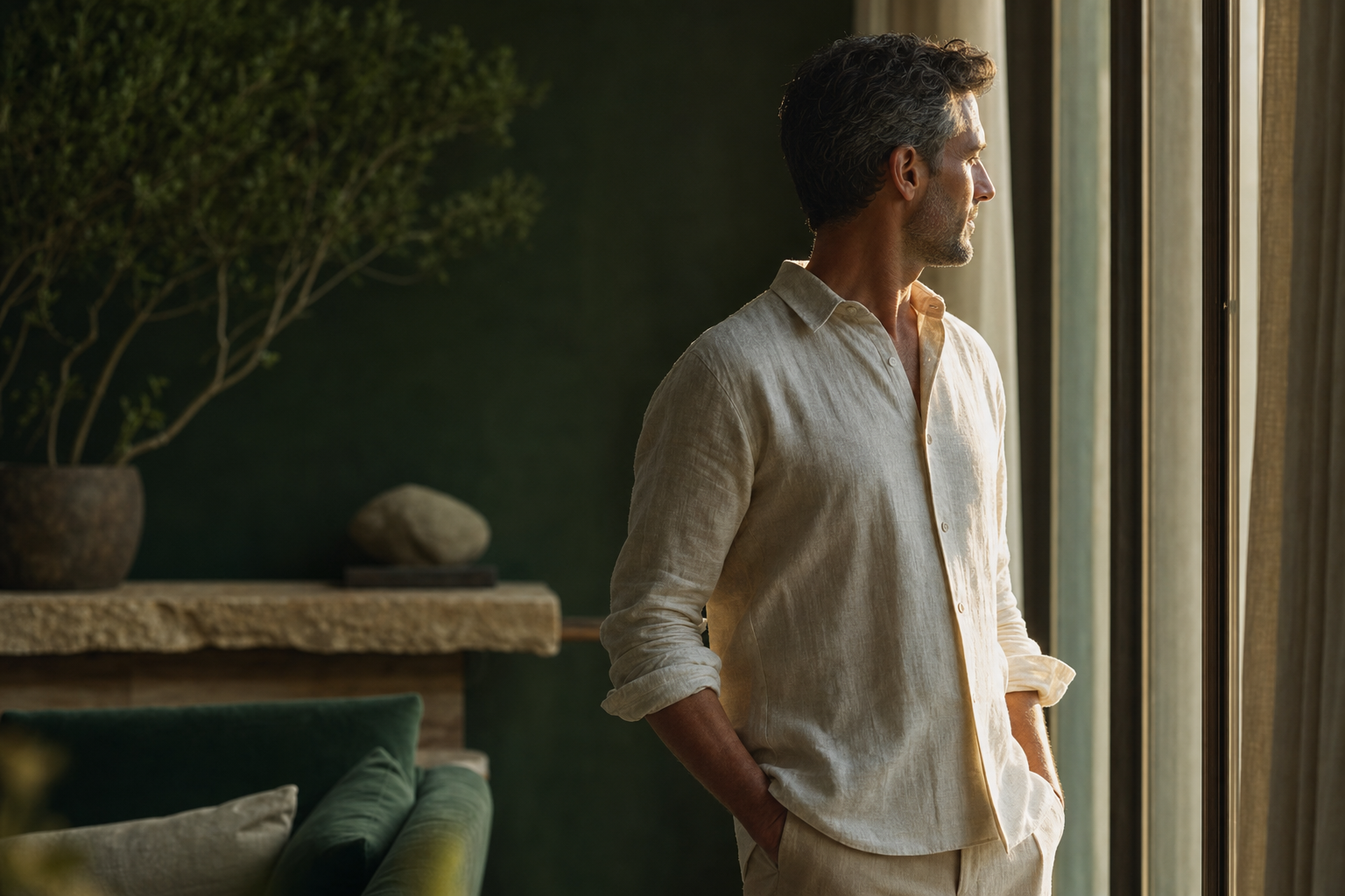 Portrait à contre-jour d'un homme au maintien digne et posé, force tranquille et sensibilité assumée, en chemise de lin.