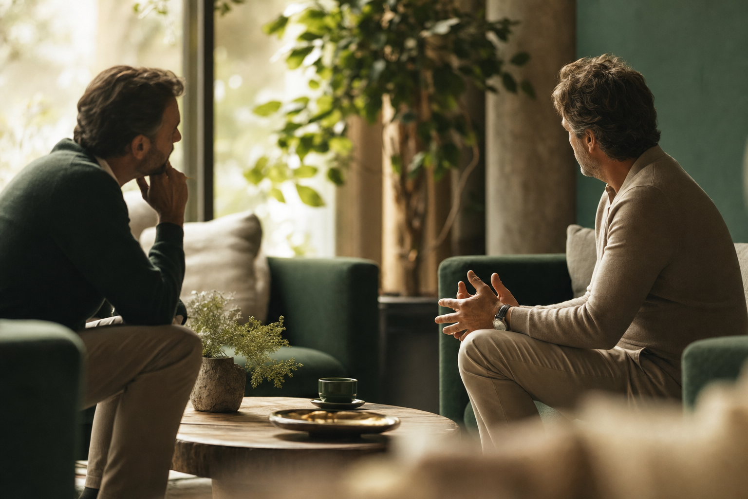 Deux hommes en conversation posée et bienveillante dans un salon feutré, l'un écoutant l'autre, évoquant la relation de mentorat.
