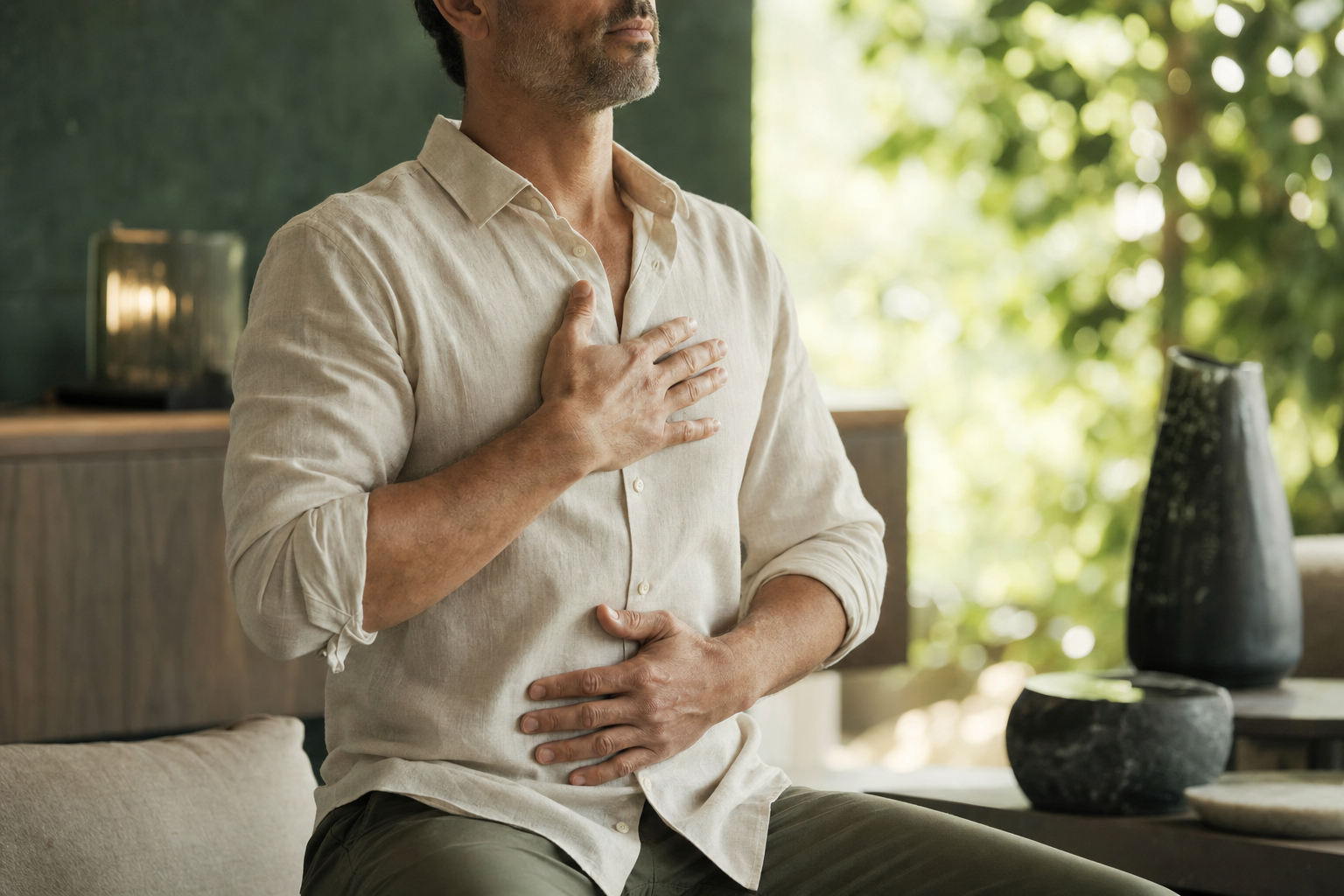 Dirigeant assis, une main sur le ventre et une sur le cœur, respirant lentement pour réguler son système nerveux dans une lumière douce.