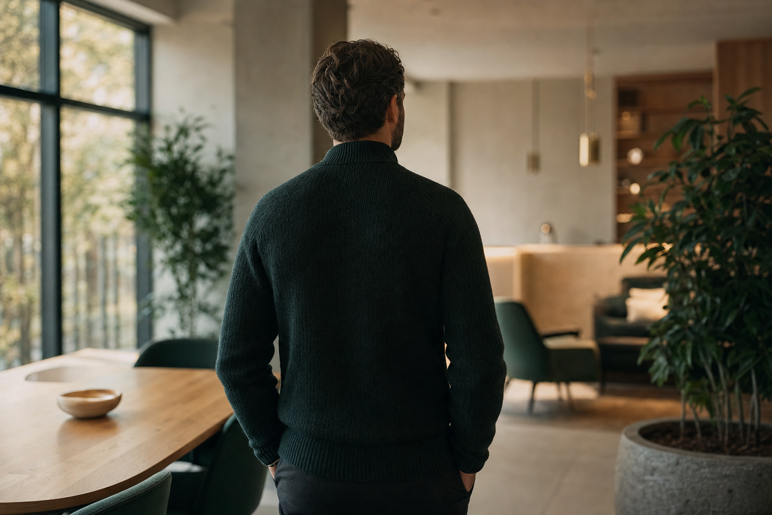 Cadre pensif de dos dans un open space feutré et lumineux, silhouette contemplative évoquant la prévention des risques psychosociaux.