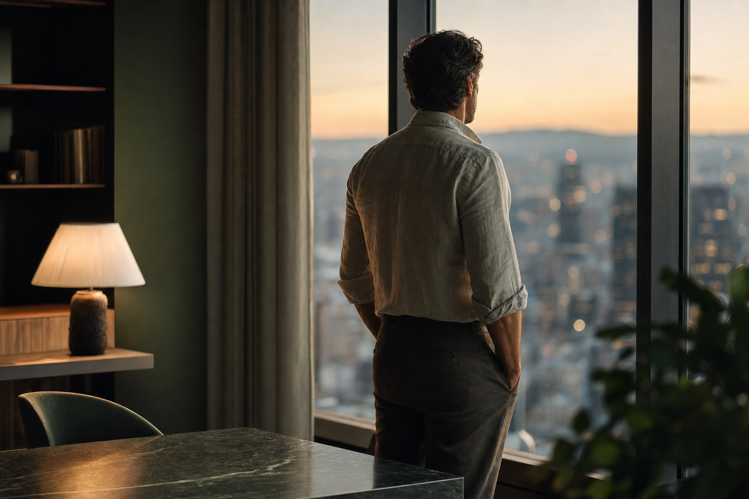 Dirigeant vu de dos face à une fenêtre au crépuscule, épaules lourdes de fatigue mais commençant à se relâcher, évoquant le surmenage et le besoin de récupération.