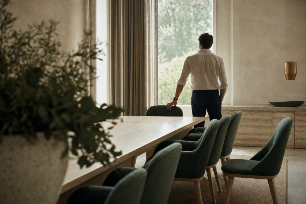 Salle de réunion vide et lumineuse au petit matin, table de bois clair et chaises alignées, un dirigeant de dos près de la fenêtre observant la pièce, évoquant l'analyse des conditions de travail plutôt que des personnes.