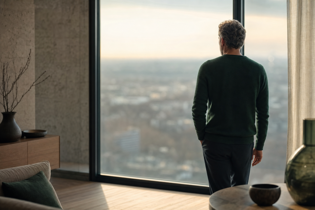 La silhouette d'un homme de dos devant une haute fenêtre à l'aube, un horizon urbain indistinct et flouté derrière la vitre, dans une lumière grise et douce.