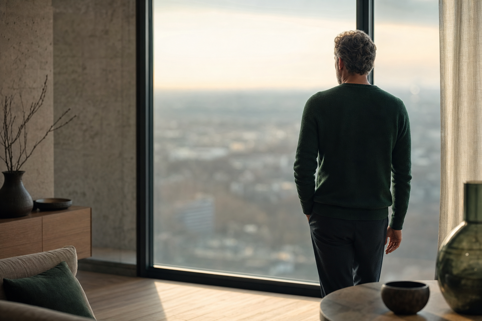 La silhouette d'un homme de dos devant une haute fenêtre à l'aube, un horizon urbain indistinct et flouté derrière la vitre, dans une lumière grise et douce.