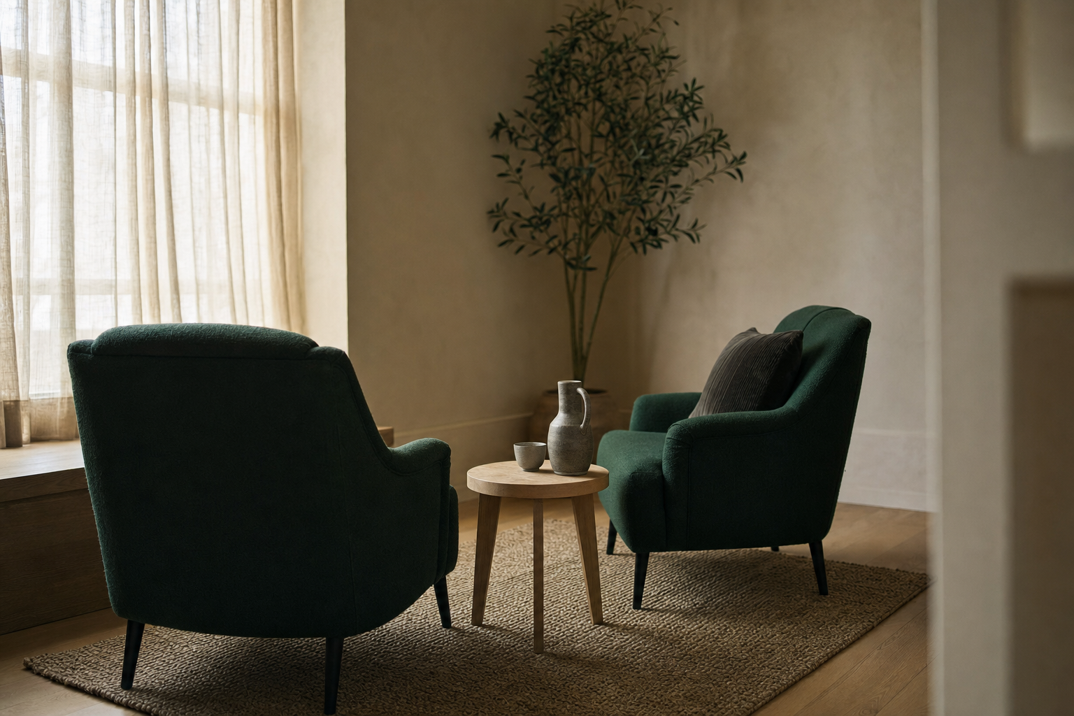 Deux fauteuils vert émeraude dans une pièce calme aux murs crème, l'un légèrement détourné de l'autre près d'une fenêtre voilée, évoquant une conversation qui n'a pas eu lieu à l'issue d'une enquête interne.