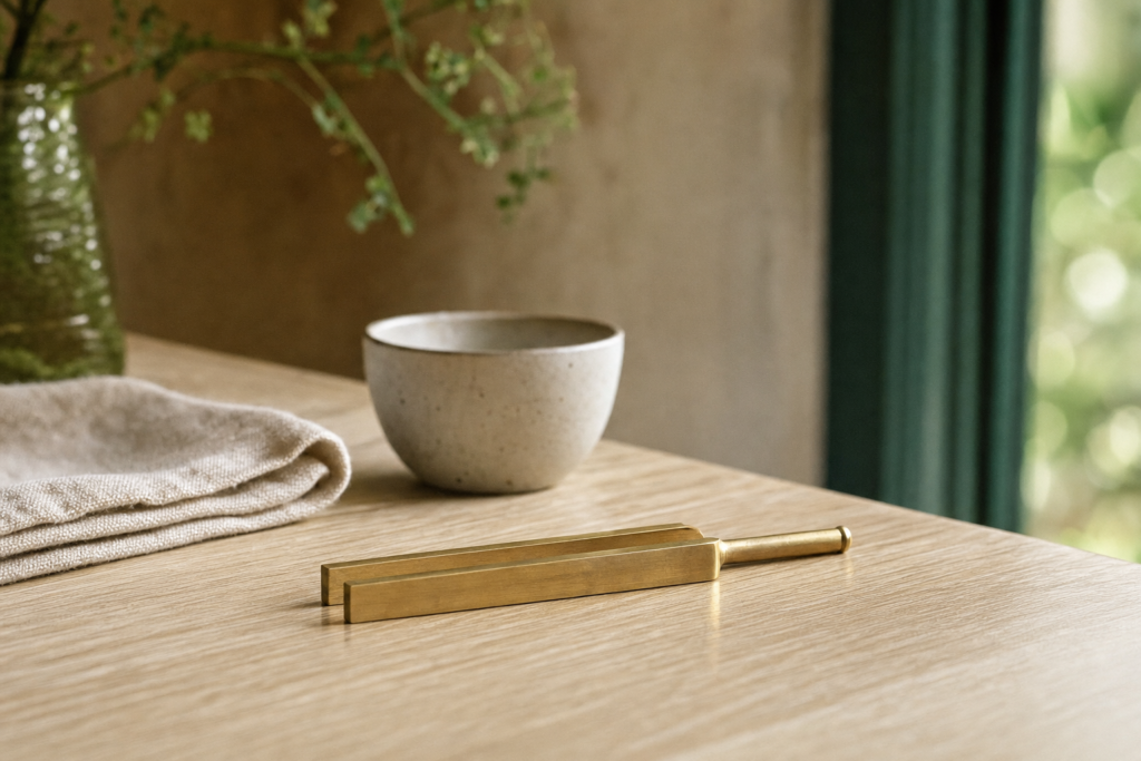 Un diapason de laiton posé sur une table de chêne clair, près d'un bol de grès et d'un linge de lin plié, dans une lumière douce, évoquant l'accord et la justesse plutôt que l'effort.