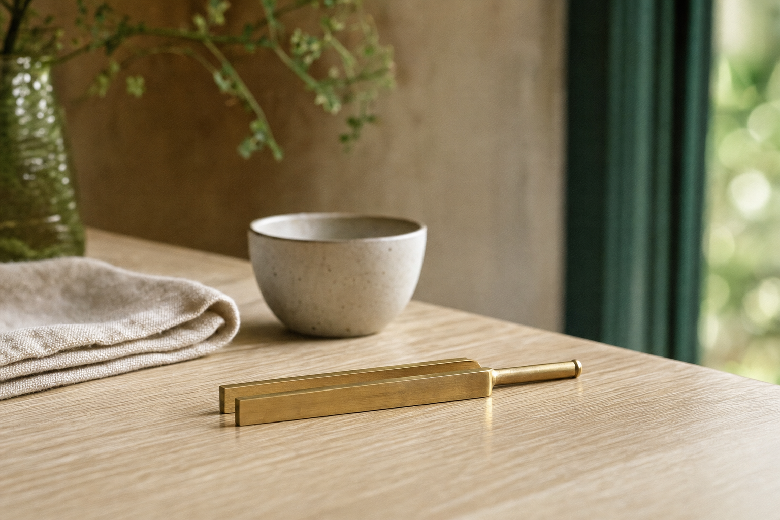 Un diapason de laiton posé sur une table de chêne clair, près d'un bol de grès et d'un linge de lin plié, dans une lumière douce, évoquant l'accord et la justesse plutôt que l'effort.