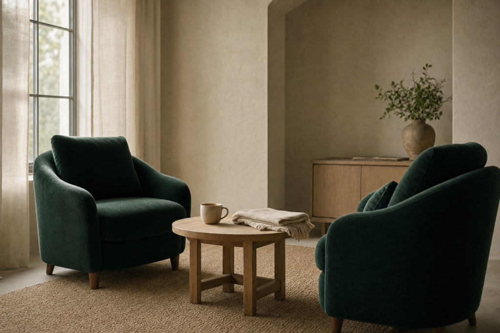 Deux fauteuils vides en tissu vert profond se faisant face dans une pièce claire et calme, près d'une table basse en chêne où une tasse est restée intacte, évoquant un espace de soutien mis à disposition mais inoccupé.