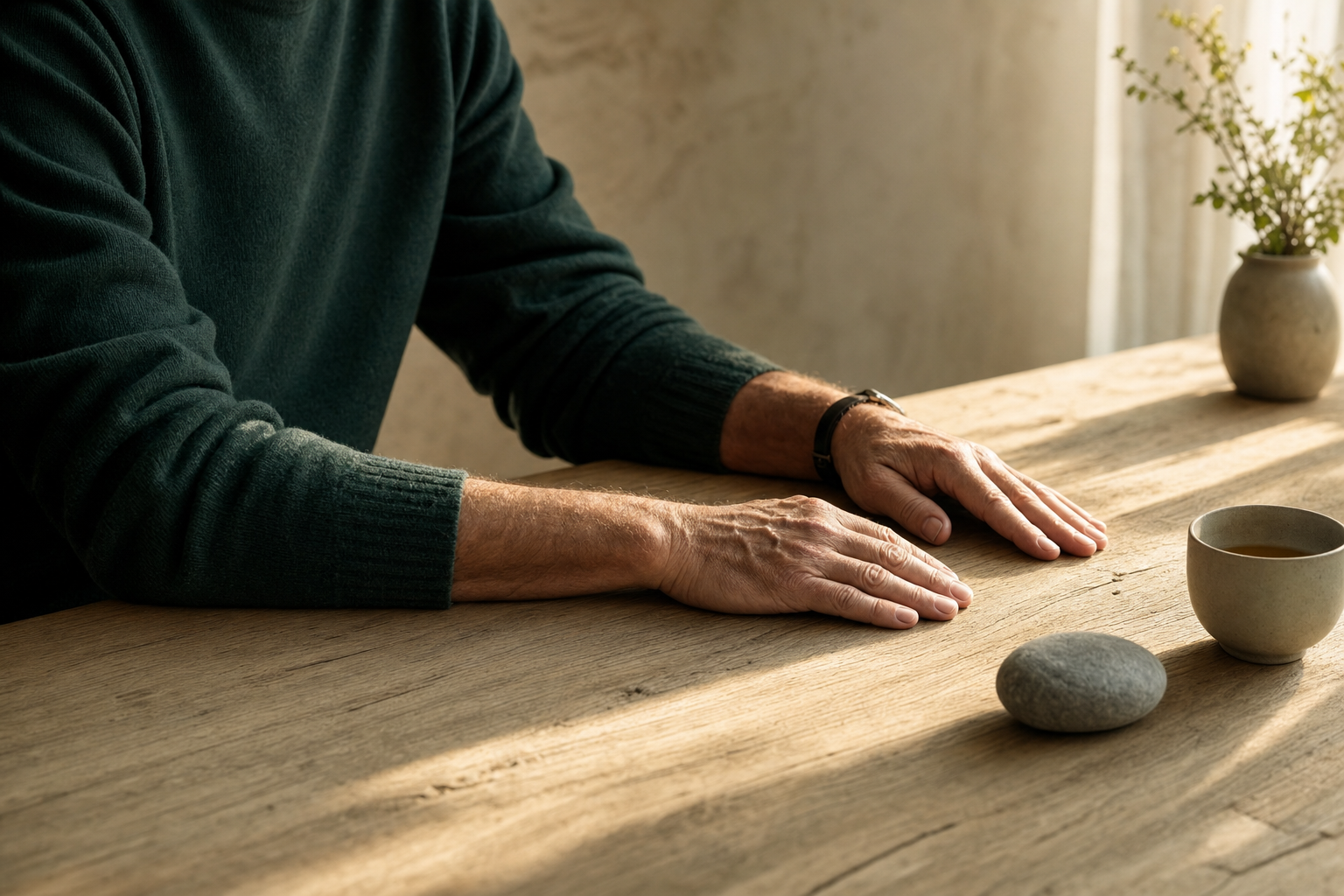 Les mains d'un dirigeant posées à plat sur une longue table de chêne clair, près d'une tasse de grès et d'un galet de rivière, dans une lumière douce de fin de journée, évoquant le moment où l'on soupèse une obligation avant de décider.