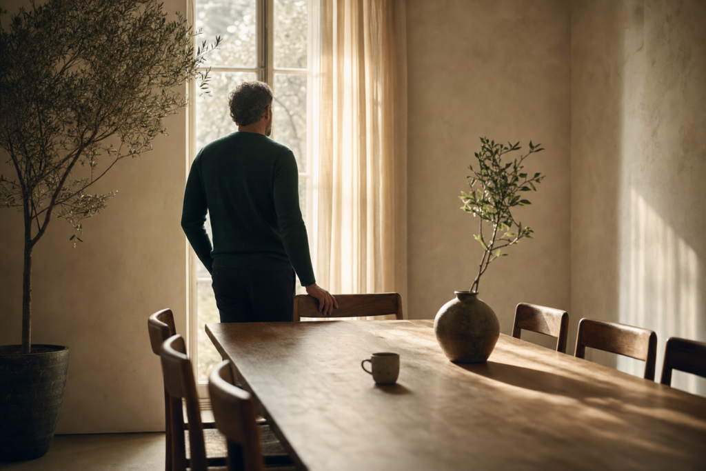 Un dirigeant se tient de dos près d'une grande fenêtre dans une salle de réunion encore vide au petit matin, chaises de bois inoccupées autour d'une longue table, lumière douce, évoquant la réflexion qui précède une politique de retour au bureau.