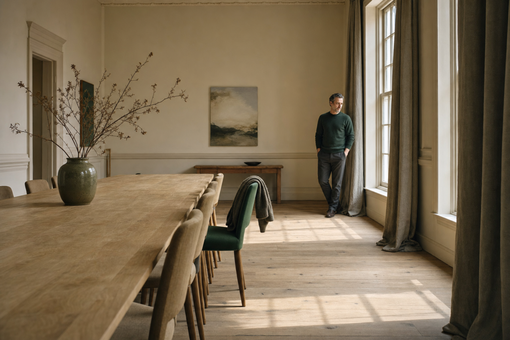 Grande salle de réunion claire et calme : une longue table en chêne bordée de chaises, dont l'une, en velours vert, est tirée de côté avec un cardigan posé sur son dossier. Au fond, près d'une haute fenêtre, un homme d'une quarantaine d'années en chandail vert foncé se tient debout, mains dans les poches, le visage de trois quarts tourné vers la pièce.