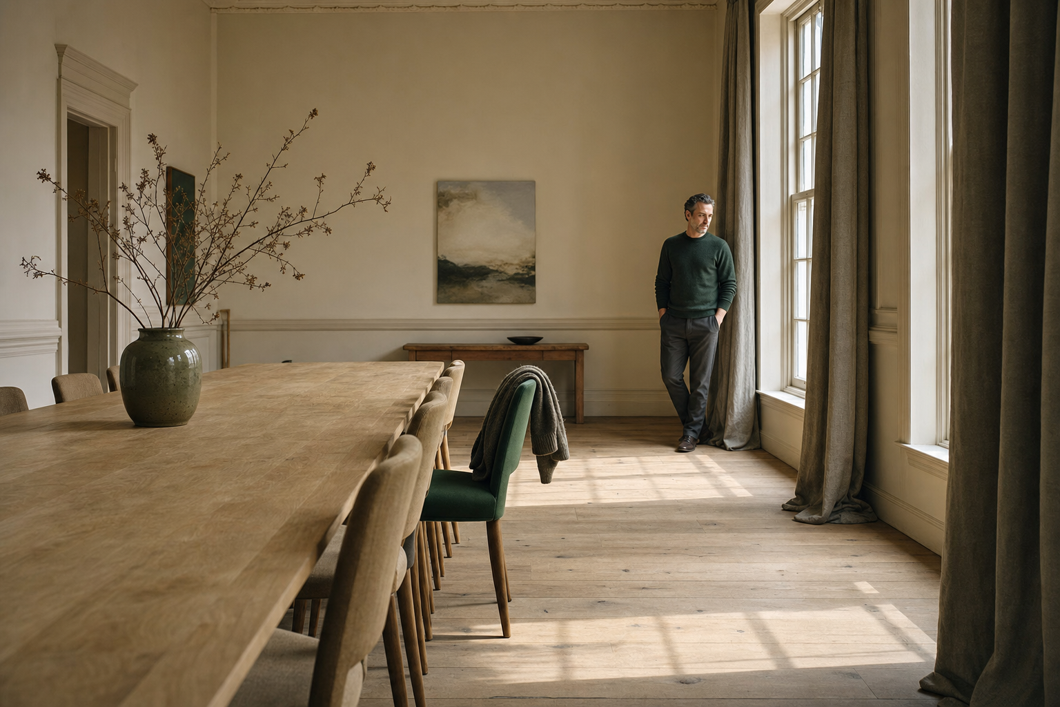 Grande salle de réunion claire et calme : une longue table en chêne bordée de chaises, dont l'une, en velours vert, est tirée de côté avec un cardigan posé sur son dossier. Au fond, près d'une haute fenêtre, un homme d'une quarantaine d'années en chandail vert foncé se tient debout, mains dans les poches, le visage de trois quarts tourné vers la pièce.