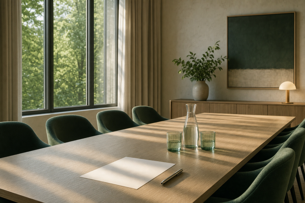 Salle de réunion vide et lumineuse au petit matin, longue table de bois clair, chaises vertes alignées et une feuille vierge posée sur la table.