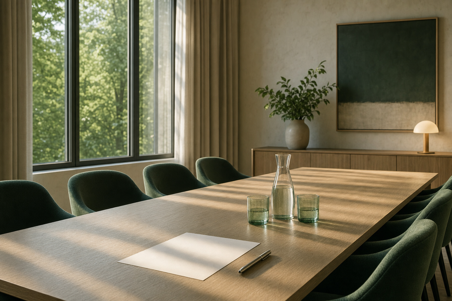 Salle de réunion vide et lumineuse au petit matin, longue table de bois clair, chaises vertes alignées et une feuille vierge posée sur la table.