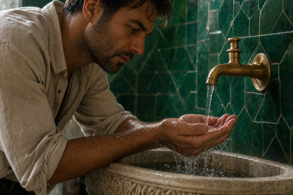 Un homme penché au-dessus d'un lavabo de pierre, vu de profil, recueille de l'eau froide dans ses mains jointes sous un robinet de laiton, devant un mur de zelliges vert émeraude.