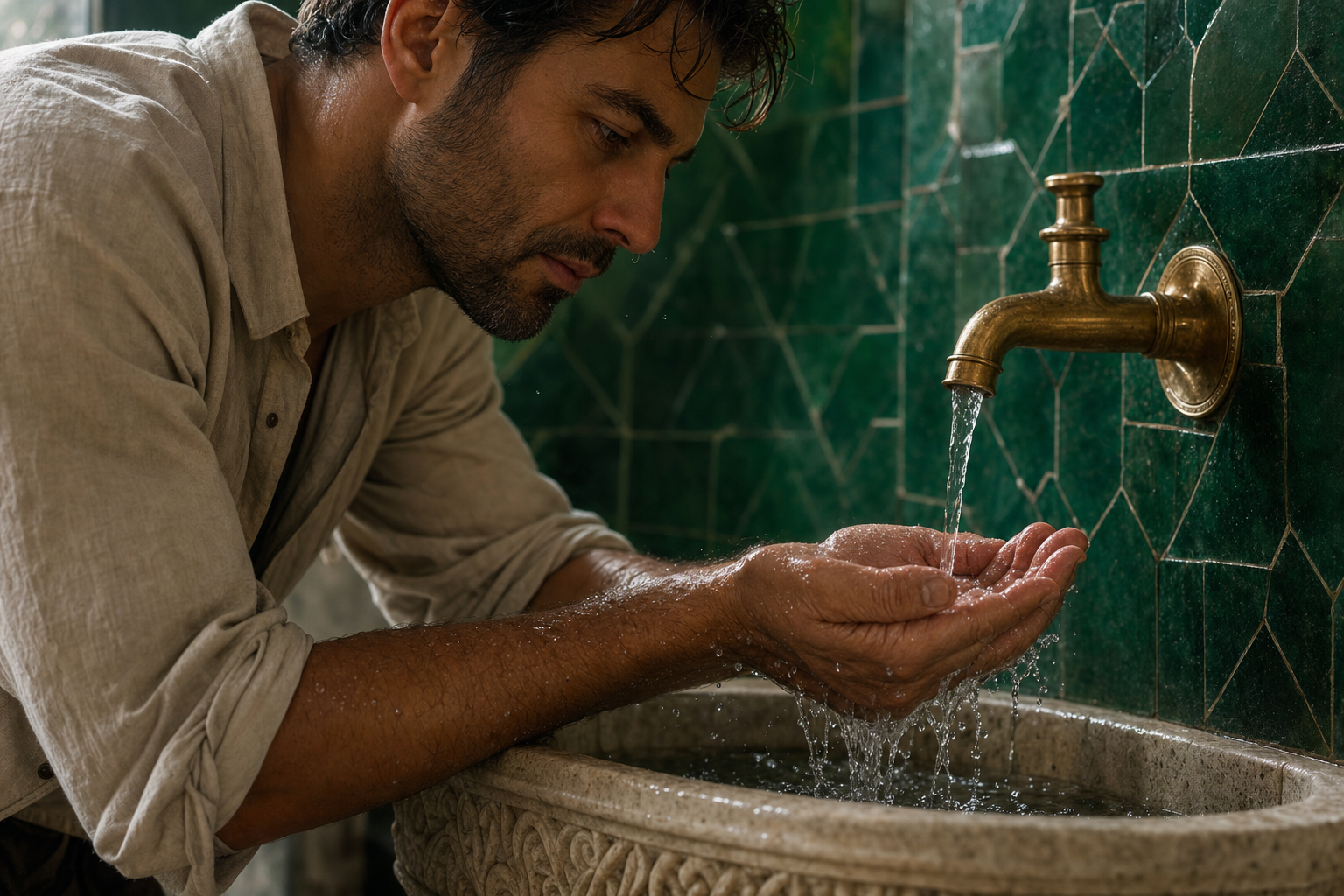 Un homme penché au-dessus d'un lavabo de pierre, vu de profil, recueille de l'eau froide dans ses mains jointes sous un robinet de laiton, devant un mur de zelliges vert émeraude.