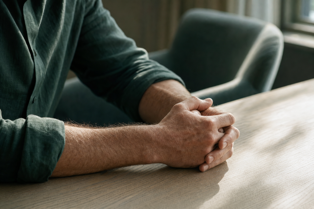 Mains d'un dirigeant aux manches retroussées, doigts entrecroisés sur une table de réunion en bois clair, tandis qu'une chaise reste vide de l'autre côté, évoquant l'absence prolongée liée à une lésion psychologique au travail.