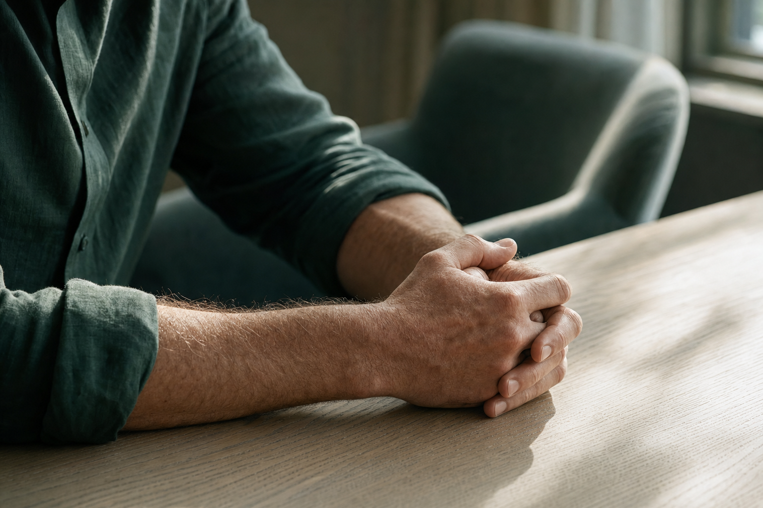 Mains d'un dirigeant aux manches retroussées, doigts entrecroisés sur une table de réunion en bois clair, tandis qu'une chaise reste vide de l'autre côté, évoquant l'absence prolongée liée à une lésion psychologique au travail.