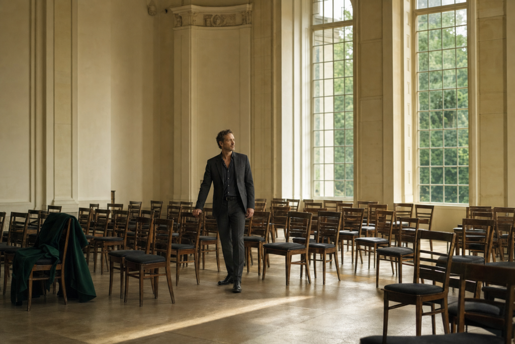Plan large d'une grande salle claire aux hautes fenêtres, des rangées de chaises vides légèrement décalées ; un homme d'une quarantaine d'années en tenue professionnelle est resté debout au milieu, vu de trois-quarts, le visage éclairé et tourné vers la lumière.