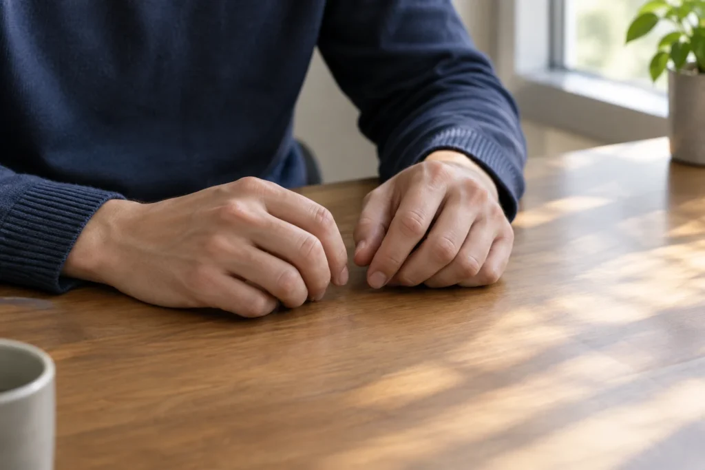 Mains posées sur un bureau en bois, éclairées par une lumière naturelle, symbolisant l’attention et la régulation.