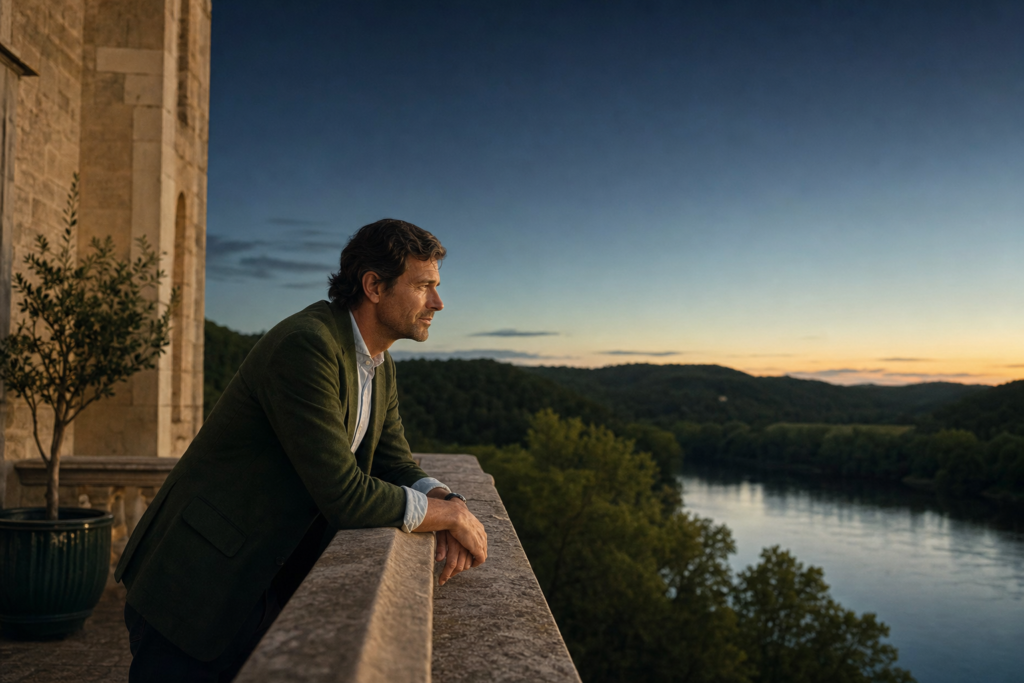 Un homme d'une quarantaine d'années accoudé au parapet d'une terrasse de pierre au crépuscule, vu de profil, le regard porté vers une rivière et des collines boisées.