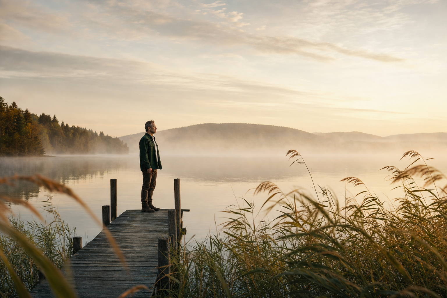Un homme d'une quarantaine d'années se tient debout au bout d'un quai de bois usé avançant sur un lac calme, à l'aube. Il est vu de profil, le visage visible et éclairé par la lumière rasante, le regard porté vers l'eau ; il porte une surchemise de laine vert forêt sur une chemise crème. Au premier plan, de hautes herbes et des roseaux ploient sous le vent sans casser ; derrière, la brume monte du lac et des collines boisées se fondent dans un ciel crème et doré.