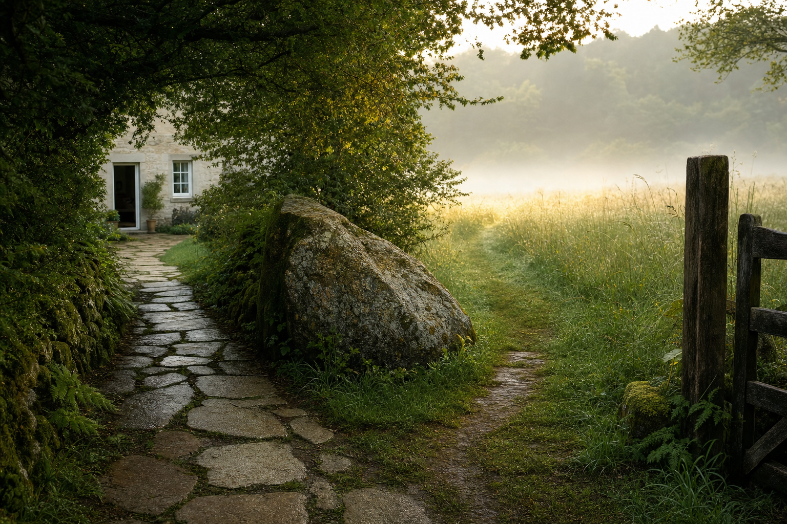 Un chemin de campagne qui se sépare en deux au petit matin, autour d'un gros bloc de granit couvert de mousse et de lichen. À gauche, un dallage de pierres claires et humides longe un muret moussu et un feuillage vert profond, puis tourne vers la porte ouverte d'une petite maison en pierre crème aux fenêtres blanches. À droite, une trace d'herbe et de terre continue vers un pré d'herbes hautes couvertes de rosée, qui se perd dans une brume basse au pied d'une colline boisée. Un poteau de bois vieilli et une barrière se dressent au bord du pré, et la lumière dorée du lever du jour éclaire le sommet des herbes. Aucune personne dans le cadre.