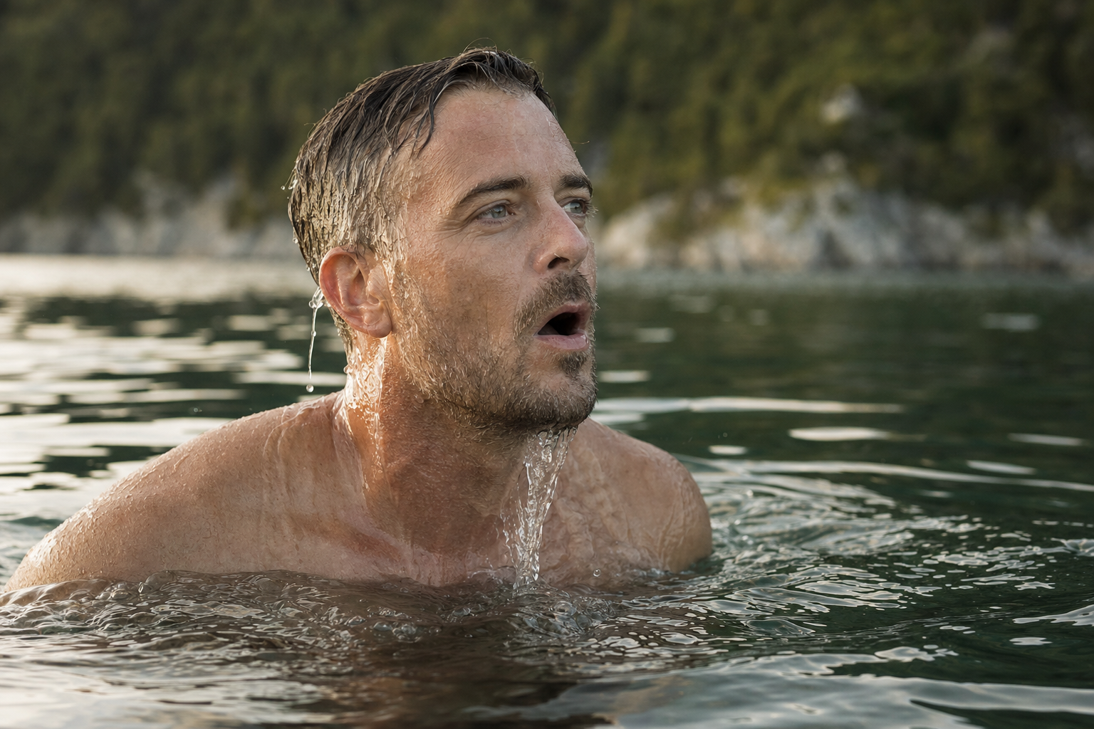 Un homme émergeant à la surface d'une eau calme, le visage tourné vers la lumière, les yeux ouverts et l'eau ruisselant sur ses traits.
