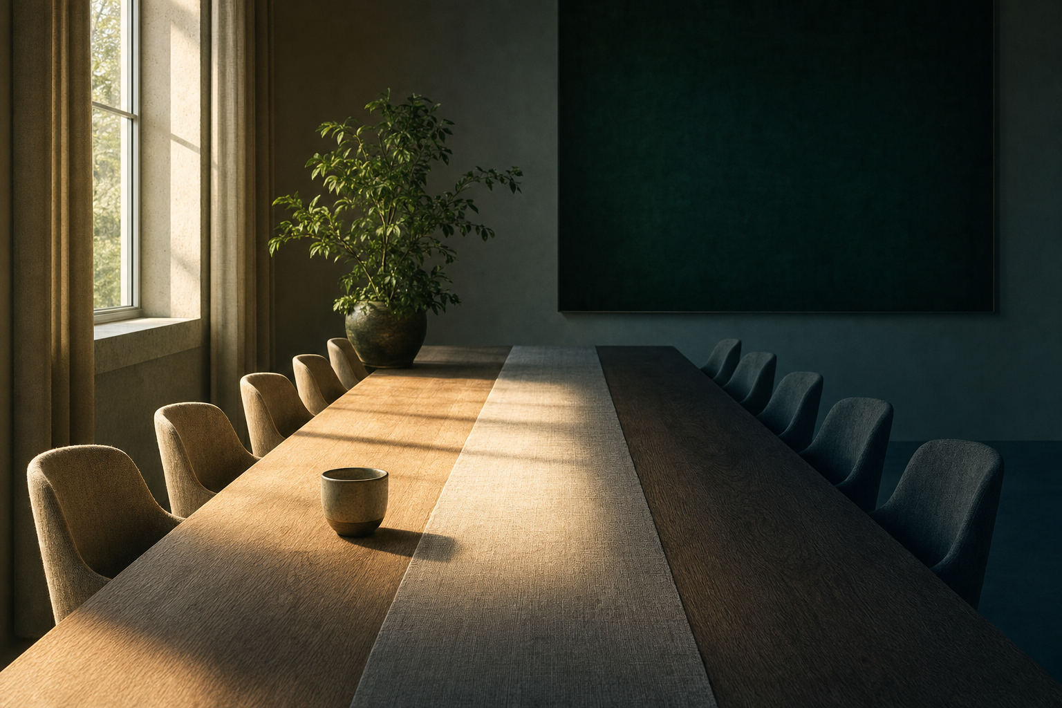 Longue table en chêne dans une salle de réunion déserte : la lumière du matin n'éclaire qu'une partie du plateau, l'autre extrémité restant dans l'ombre froide, image de conditions de travail très inégales sous une même moyenne.