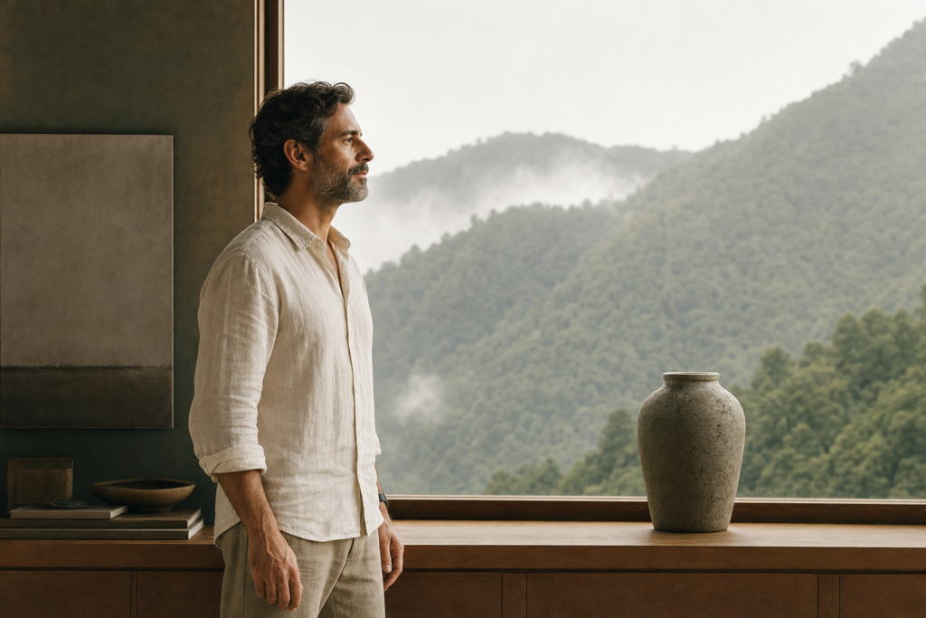 Un homme de profil devant une large baie ouverte sur un paysage de collines, les épaules relâchées et le regard porté au loin.