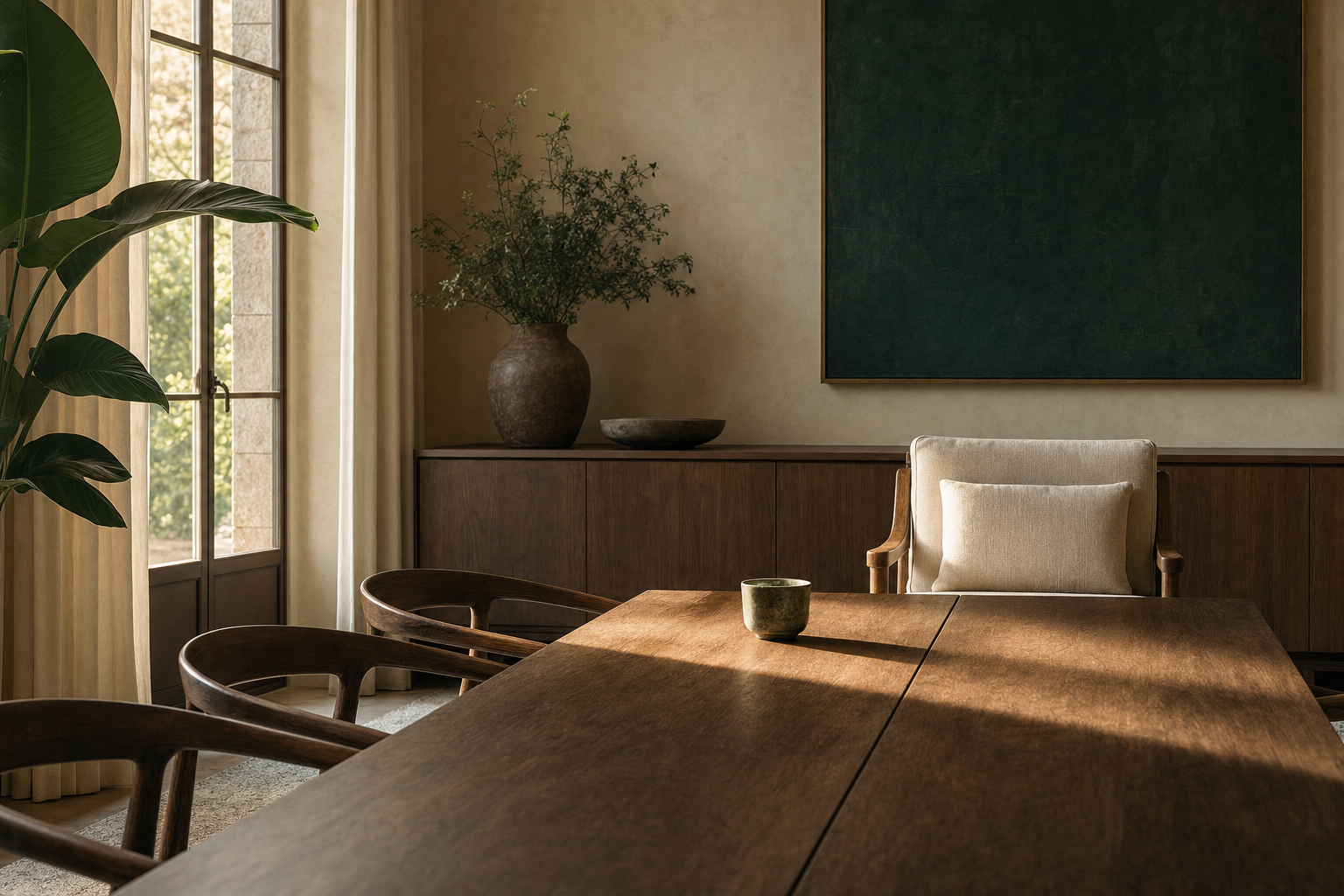 Salle de réunion vide baignée de lumière matinale : un fauteuil crème inoccupé en bout d'une longue table en bois foncé, une tasse en céramique verte posée sur le plateau, une grande toile vert émeraude au mur.