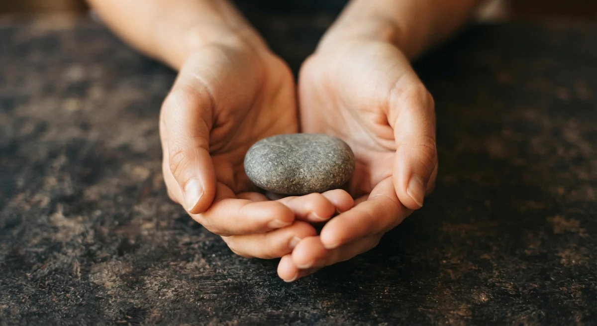 Une paire de mains tenant délicatement une petite pierre lisse entre les paumes, les doigts disposés pour en soutenir le poids. La pierre repose sur une surface sombre et texturée, et les mains sont légèrement en coupe, évoquant un équilibre et une attention précieuse. La lumière chaude et ciblée met en valeur le contraste entre la pierre et les mains.