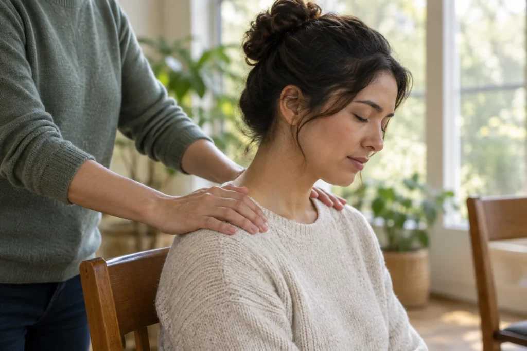Mains d’un accompagnateur posées sur les épaules d’une personne en posture de détente.
