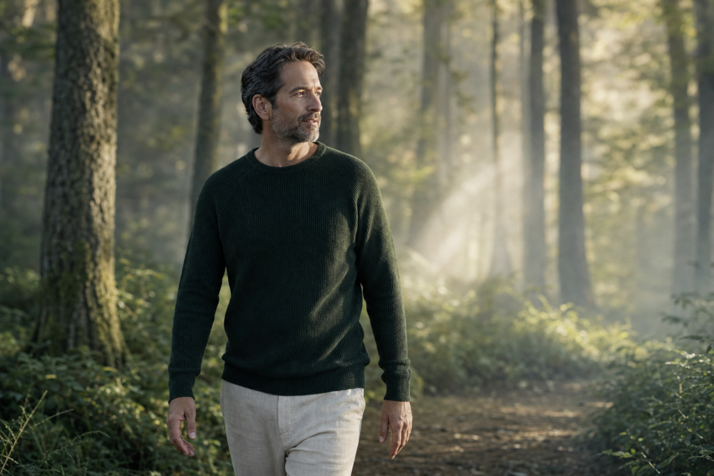 Un homme marchant lentement sur un sentier forestier au petit matin, vu de trois-quarts, le visage tourné vers la lumière, l'expression apaisée.