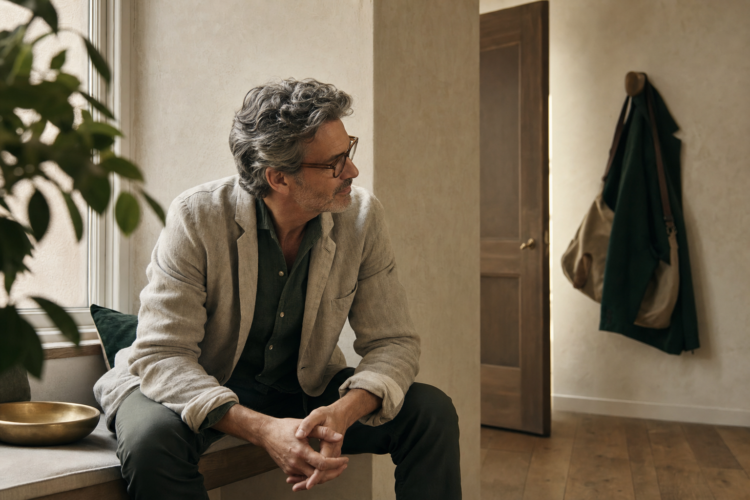 Un homme d'une cinquantaine d'années, cheveux gris bouclés et lunettes de lecture, veste de lin beige sur une chemise vert foncé, assis au bord d'une banquette de fenêtre dans une pièce aux murs de plâtre crème. Les avant-bras posés sur les genoux et les mains jointes, il est tourné de trois quarts, le visage de profil et le regard porté vers l'autre côté de la pièce, où un manteau de laine vert forêt et un sac de toile sont restés accrochés à une patère de bois près d'une porte entrouverte. Un bol de laiton est posé sur la banquette, un feuillage vert est flou au premier plan et la lumière de fin d'après-midi traverse la fenêtre à petits carreaux.