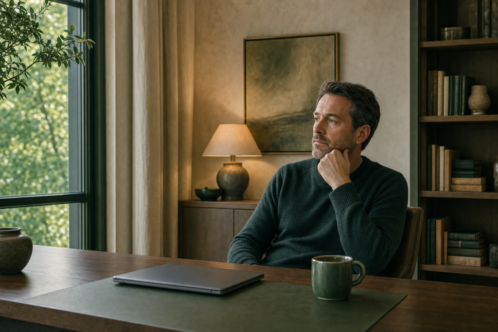 Un homme assis à son bureau, vu de trois-quarts, le visage visible et absent, un ordinateur fermé devant lui.