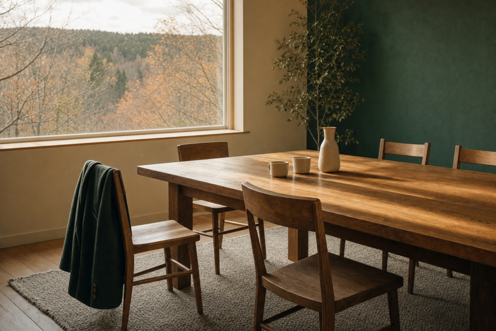 Une longue table en chêne massif entourée de chaises de bois vides, dans une pièce aux murs crème et vert émeraude. Un veston de laine vert forêt est posé sur le dossier d'une chaise, seule trace humaine dans la pièce ; deux tasses crème et un pichet en grès sont posés sur la table, et une grande fenêtre ouvre sur une forêt d'automne des Laurentides.