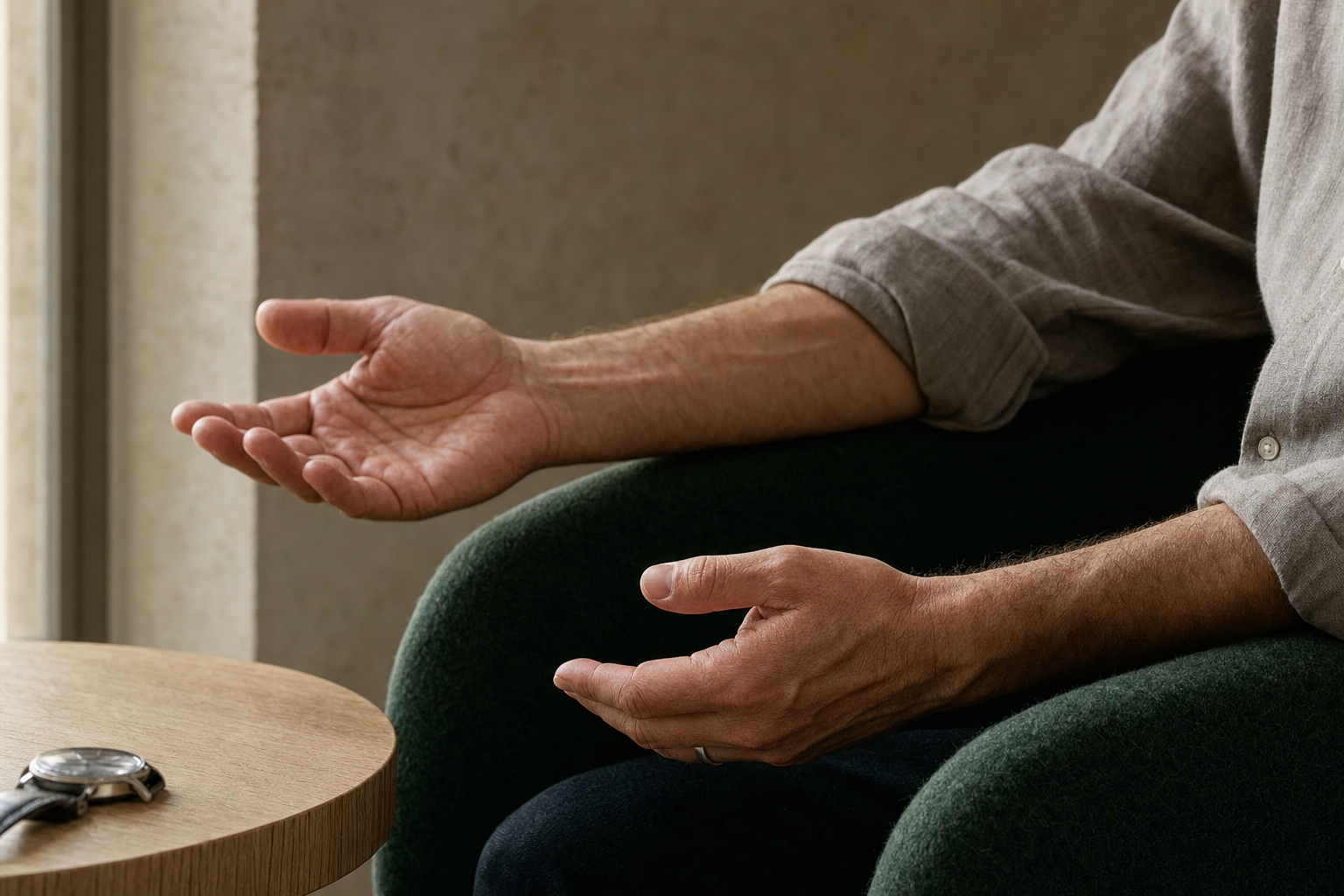 Gros plan sur les mains et les avant-bras d'un homme assis dans un fauteuil de laine vert emeraude, chemise de lin gris clair aux manches retroussees : les deux mains sont ouvertes et immobiles, paumes tournees vers le haut, posees sans rien tenir. Le visage est entierement hors du cadre. A gauche, sur un gueridon de chene clair pres d'une fenetre, une montre-bracelet retiree.