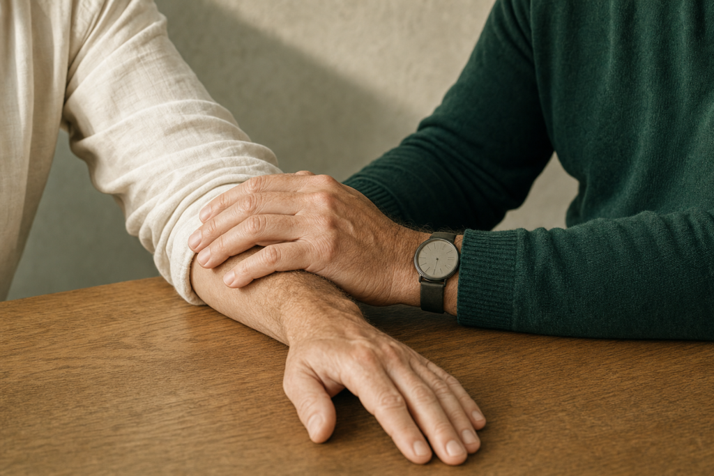 Gros plan sur deux avant-bras d'hommes croisés sur une table de bois clair : une main se pose sur celle de l'autre, dans un geste bref et posé. Manche de chemise crème d'un côté, tricot vert émeraude de l'autre ; les visages sont entièrement hors champ.