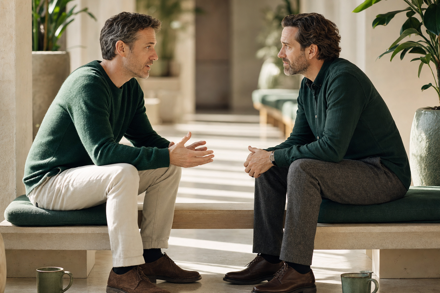 Deux hommes assis face à face dans un couloir lumineux, tous deux vus de profil, en pleine conversation attentive.